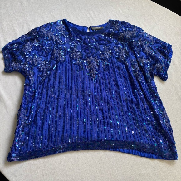 Carolyn Barton Vintage 80s Blue Silk Beaded Sequin Evening Top 1X - Picture 1 of 9